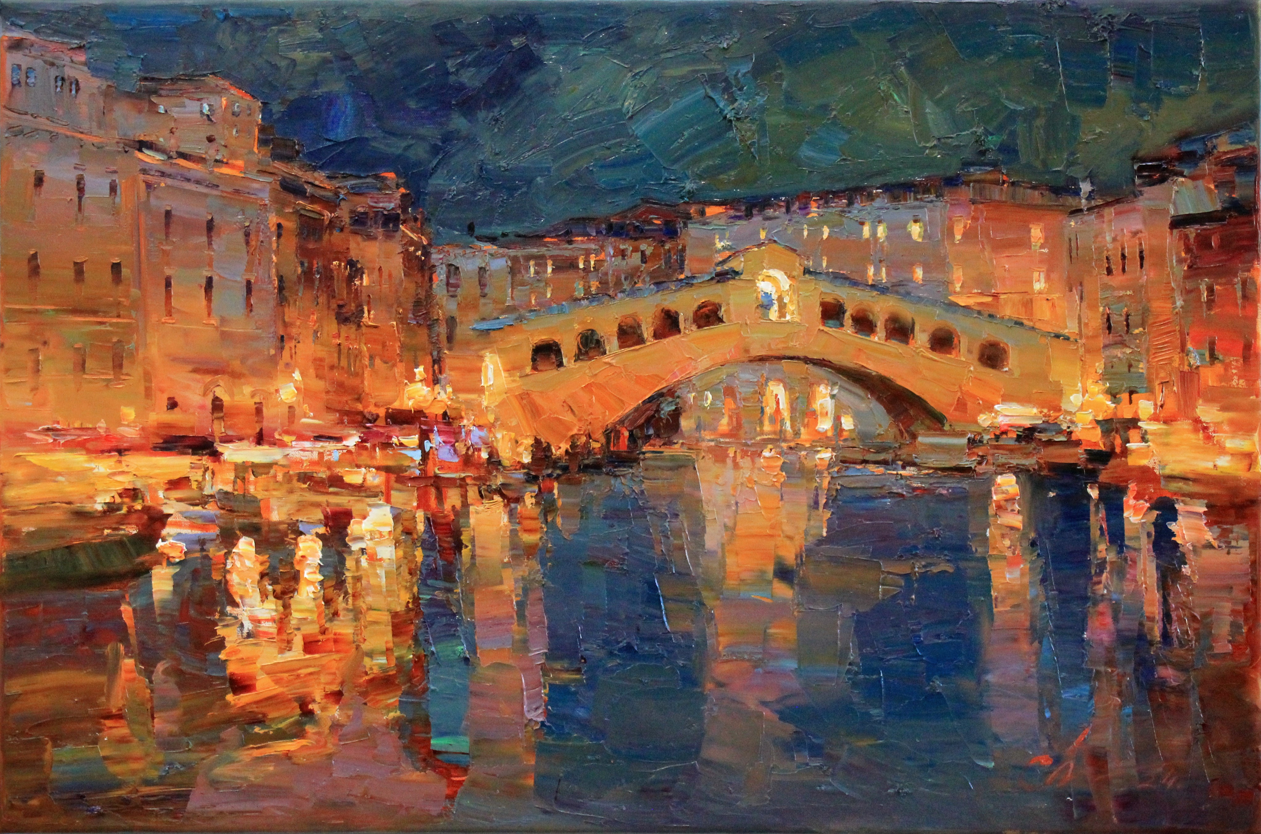 Serhii Cherniakovskyi, Rialto Bridge. Venice Italy - Venetian Nightscape Captivating Oil Painting with Rich Evening Hues Serhii Cherniakovskyi, Rialto Bridge. Venice Italy - Venetian Nightscape Captivating Oil Painting with Rich Evening Hues