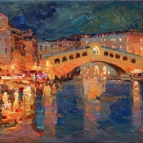 Pintura, Rialto Bridge. Venice Italy - Venetian Nightscape Captivating Oil Painting with Rich Evening Hues, Serhii Cherniakovskyi