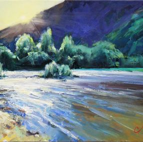 Painting, "Evening" oil painting - Sunset Over the River Captivating Oil Painting Warm Hues and Tranquil Waters, Serhii Cherniakovskyi