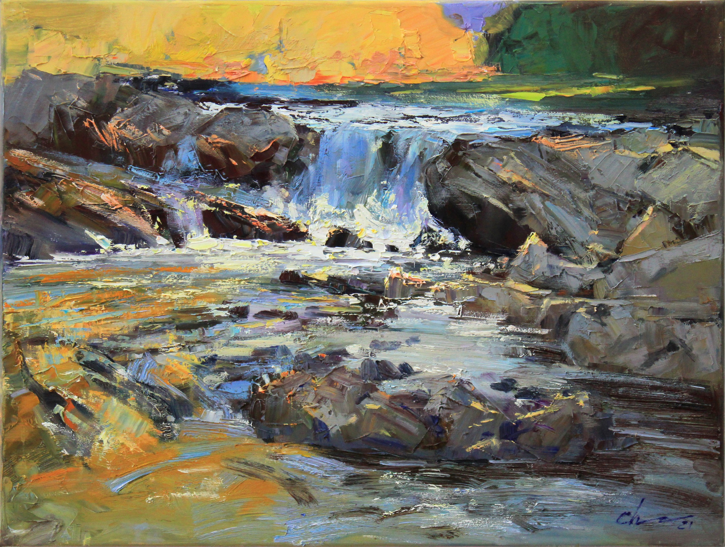 Serhii Cherniakovskyi, River light - Golden River at Sunset Textured Oil Painting Warm Oranges and Reflective Waters Serhii Cherniakovskyi, River light - Golden River at Sunset Textured Oil Painting Warm Oranges and Reflective Waters