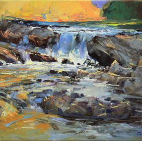 Pintura, River light - Golden River at Sunset Textured Oil Painting Warm Oranges and Reflective Waters, Serhii Cherniakovskyi