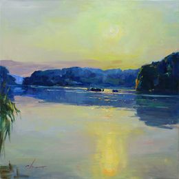 Painting, Sunlight - Tranquil River at Dawn Oil Painting Peaceful Landscape with Misty Waters and Gentle Sunrise Hues, Serhii Cherniakovskyi
