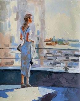 Gemälde, A woman in the city at sunset, Schagen Vita