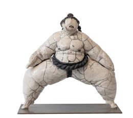 Sculpture, Sonkyo Tsuna - série sumotoris - sculpture terre cuite Raku, Laurence Schlimm Boland