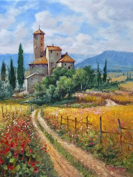 Painting, Enchanted hamlet  - Tuscany painting landscape, Domenico Ronca