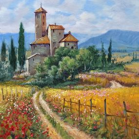 Pintura, Enchanted hamlet  - Tuscany painting landscape, Domenico Ronca
