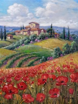 Peinture, The hill of poppies  - Tuscany painting landscape, Domenico Ronca
