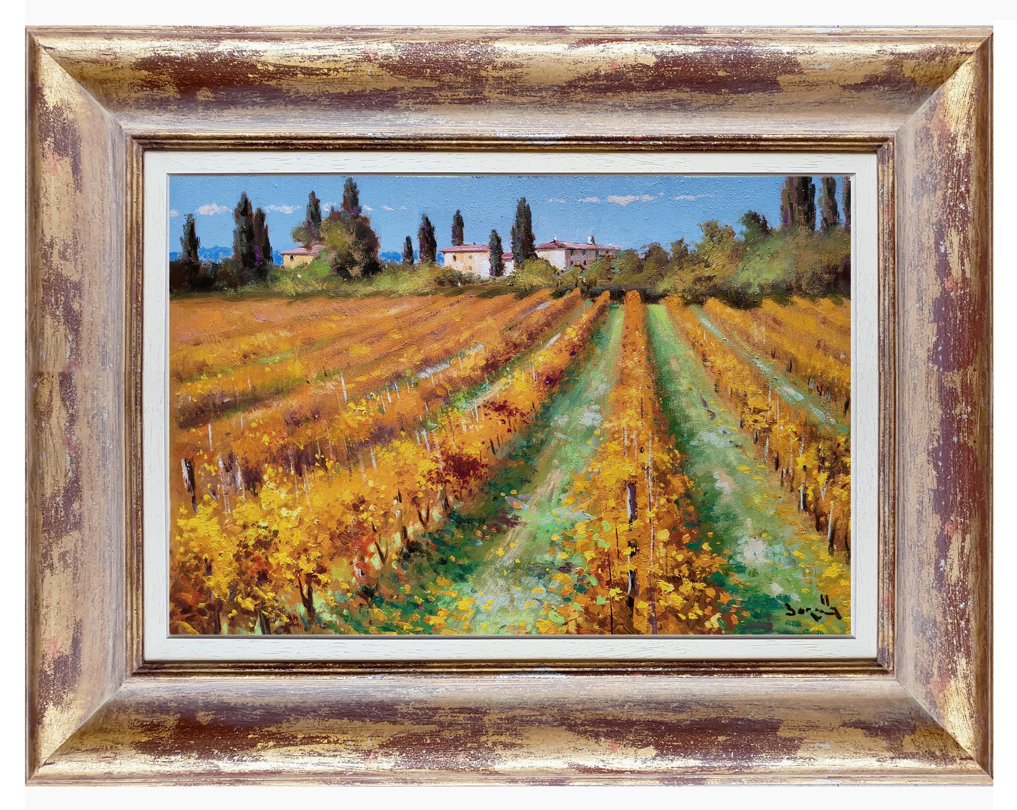 Andrea Borella, Autumn vineyard - Tuscany painting landscape & frame Andrea Borella, Autumn vineyard - Tuscany painting landscape & frame