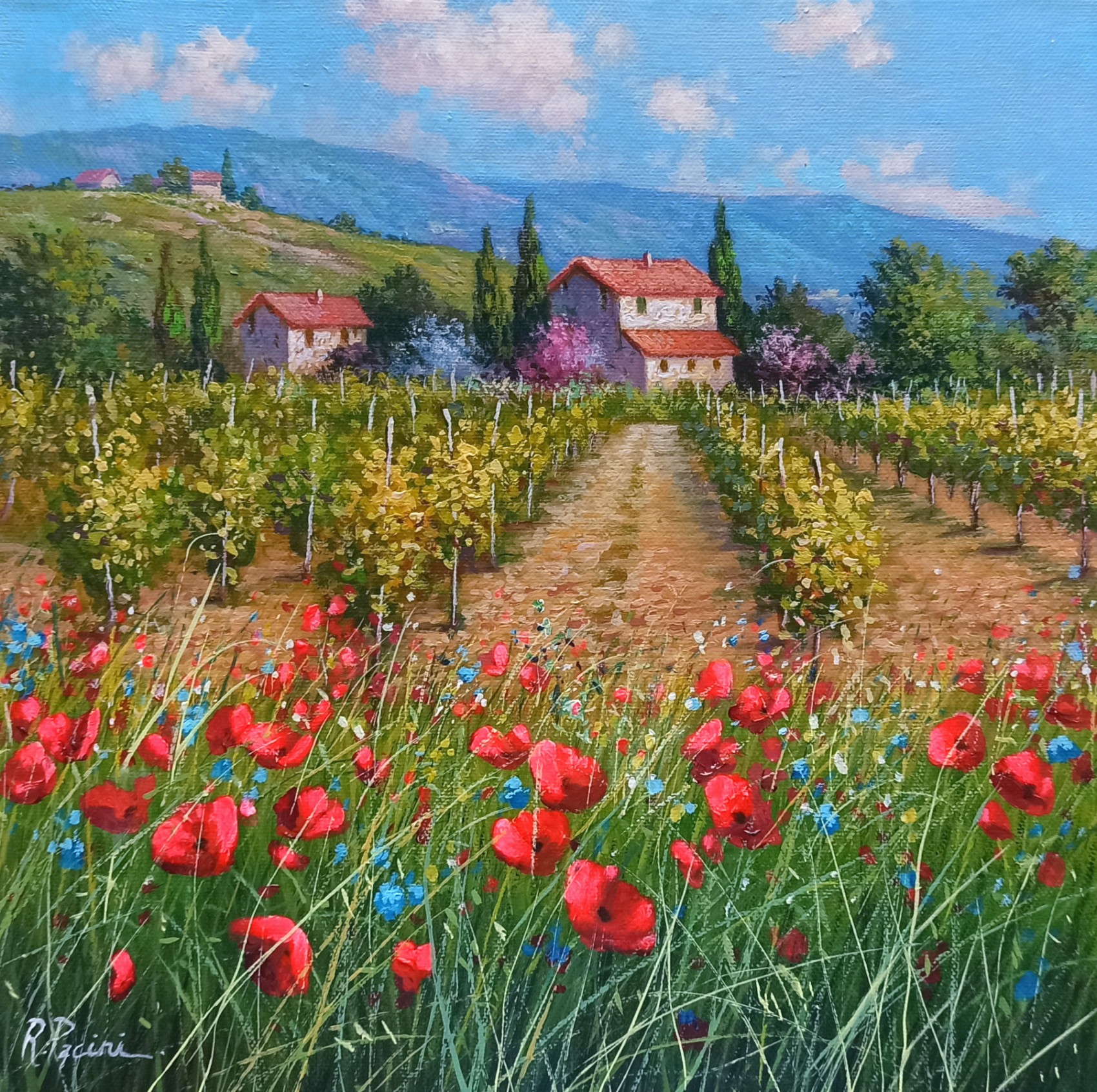 Raimondo Pacini, Flowering in the vineyard n°2 - Tuscany landscape painting Raimondo Pacini, Flowering in the vineyard n°2 - Tuscany landscape painting