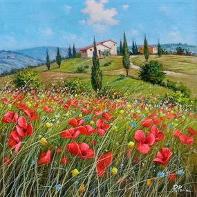 Peinture, Sweet hill and flowers field - Tuscany landscape painting, Raimondo Pacini