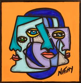 Painting, Trinité blue sky - Série Trinité - Portrait Pop art cubisme, Nathalie Paccalet dite Nathy