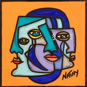 Peinture, Trinité blue sky - Série Trinité - Portrait Pop art cubisme, Nathalie Paccalet dite Nathy
