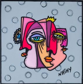 Peinture, Trinité Pinkbubbles - Série Trinité -  Portrait Pop art cubisme, Nathalie Paccalet dite Nathy