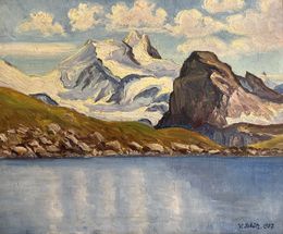 Pintura, Paysage de montagnes enneigées et vue sur le lac, Victor Schütz