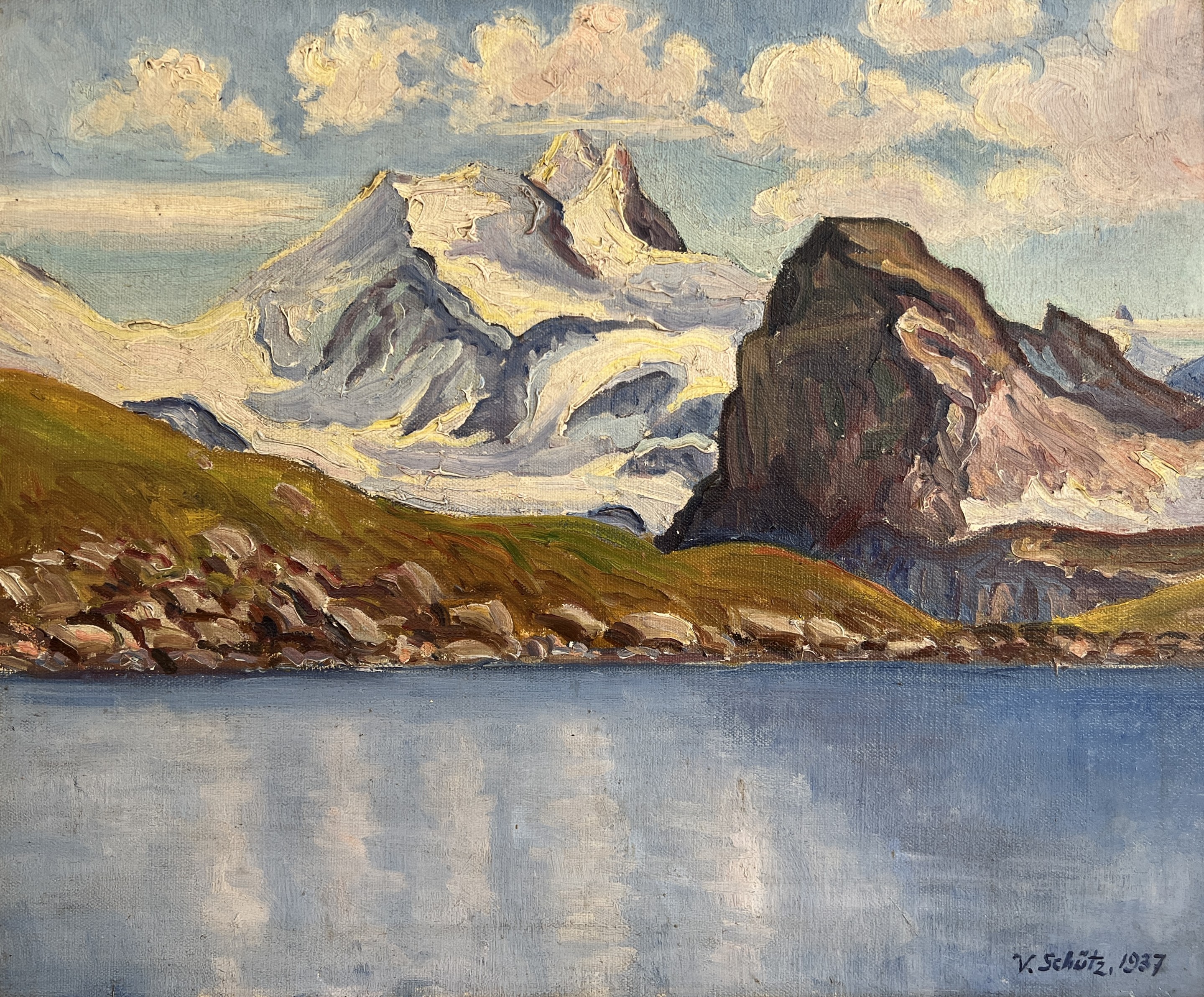 Victor Schütz, Paysage de montagnes enneigées et vue sur le lac Victor Schütz, Paysage de montagnes enneigées et vue sur le lac