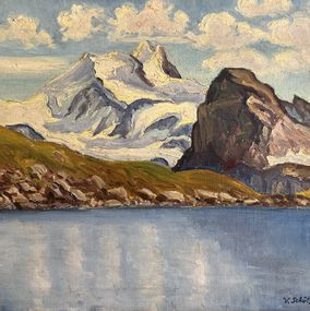 Painting, Paysage de montagnes enneigées et vue sur le lac, Victor Schütz