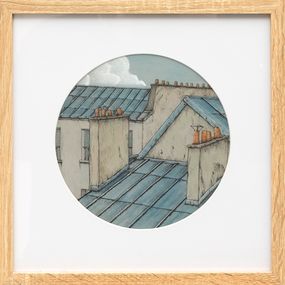 Gemälde, Série Toits Rond #10 - paysage figuratif toits urbains, Eddy Josse