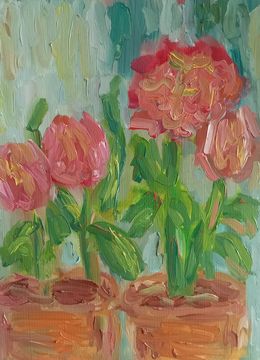 Pintura, Lost in the beauty of pink dahlias, Natalya Mougenot