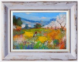 Painting, Flowery countryside landscape - Tuscany painting & frame, Andrea Borella