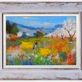 Painting, Flowery countryside landscape - Tuscany painting & frame, Andrea Borella