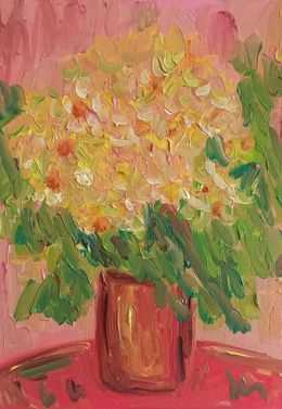Gemälde, Fresh cut yellow daisies in a vase, Natalya Mougenot