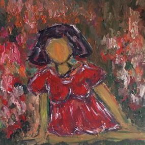 Gemälde, Woman in a red dress in the garden full of roses, Natalya Mougenot