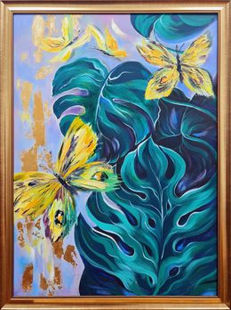 Gemälde, Yellow butterflies and tropical plants, Lilya Volskaya