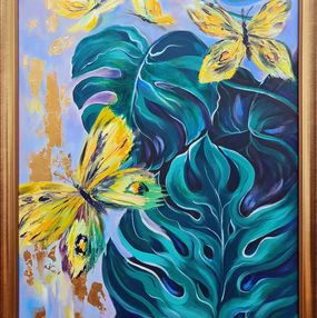 Pintura, Yellow butterflies and tropical plants, Lilya Volskaya