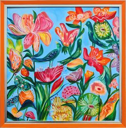 Painting, An exotic garden and 3 green bird, Lilya Volskaya