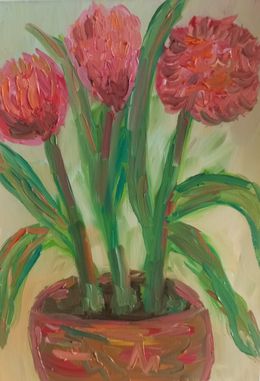 Gemälde, Pink dahlias blooming in a terracotta pot, Natalya Mougenot
