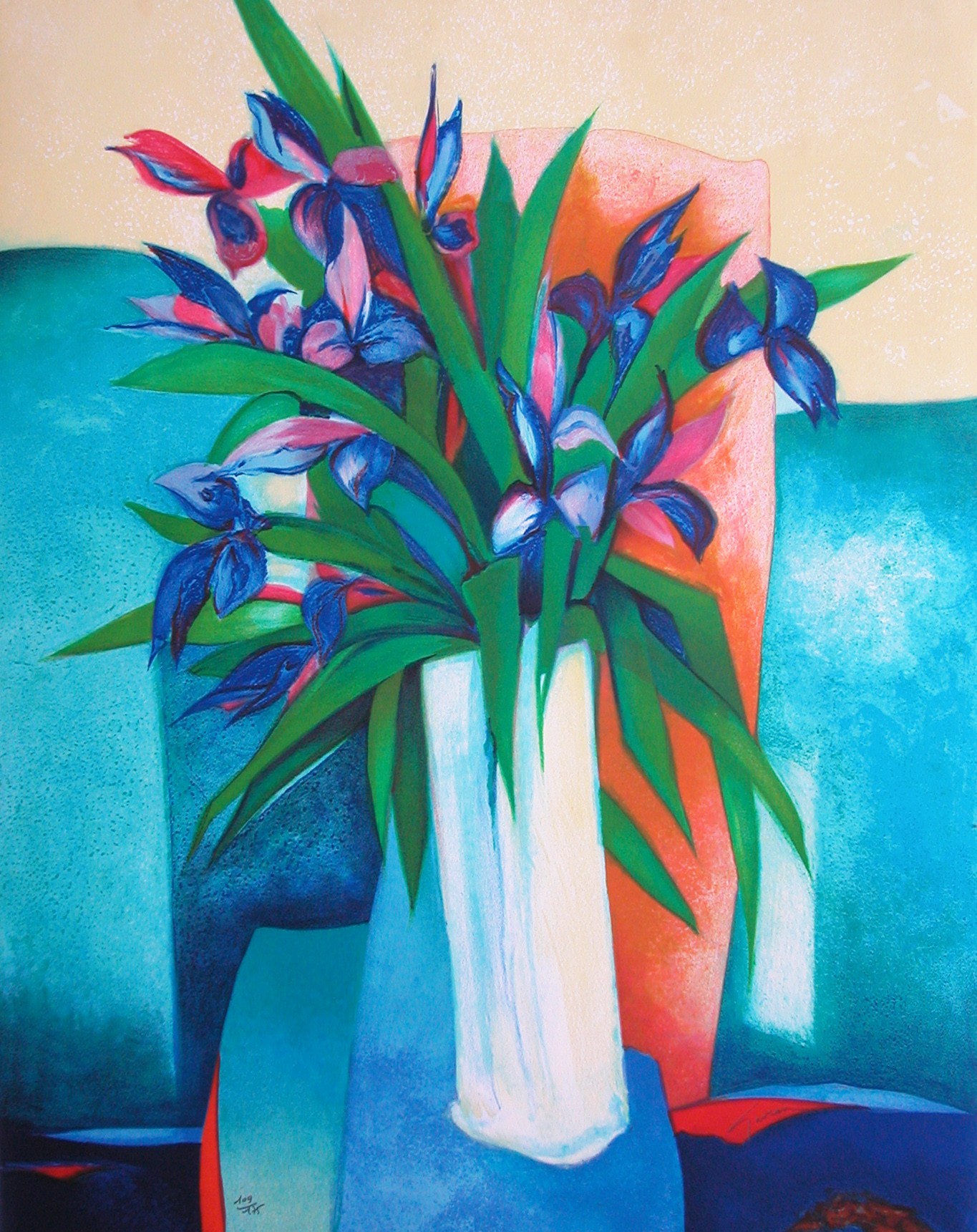Claude Gaveau, Bouquet d'iris, lithographie originale Claude Gaveau, Bouquet d'iris, lithographie originale