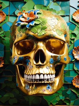 Print, Green Gold Flower Skull, Dead Head