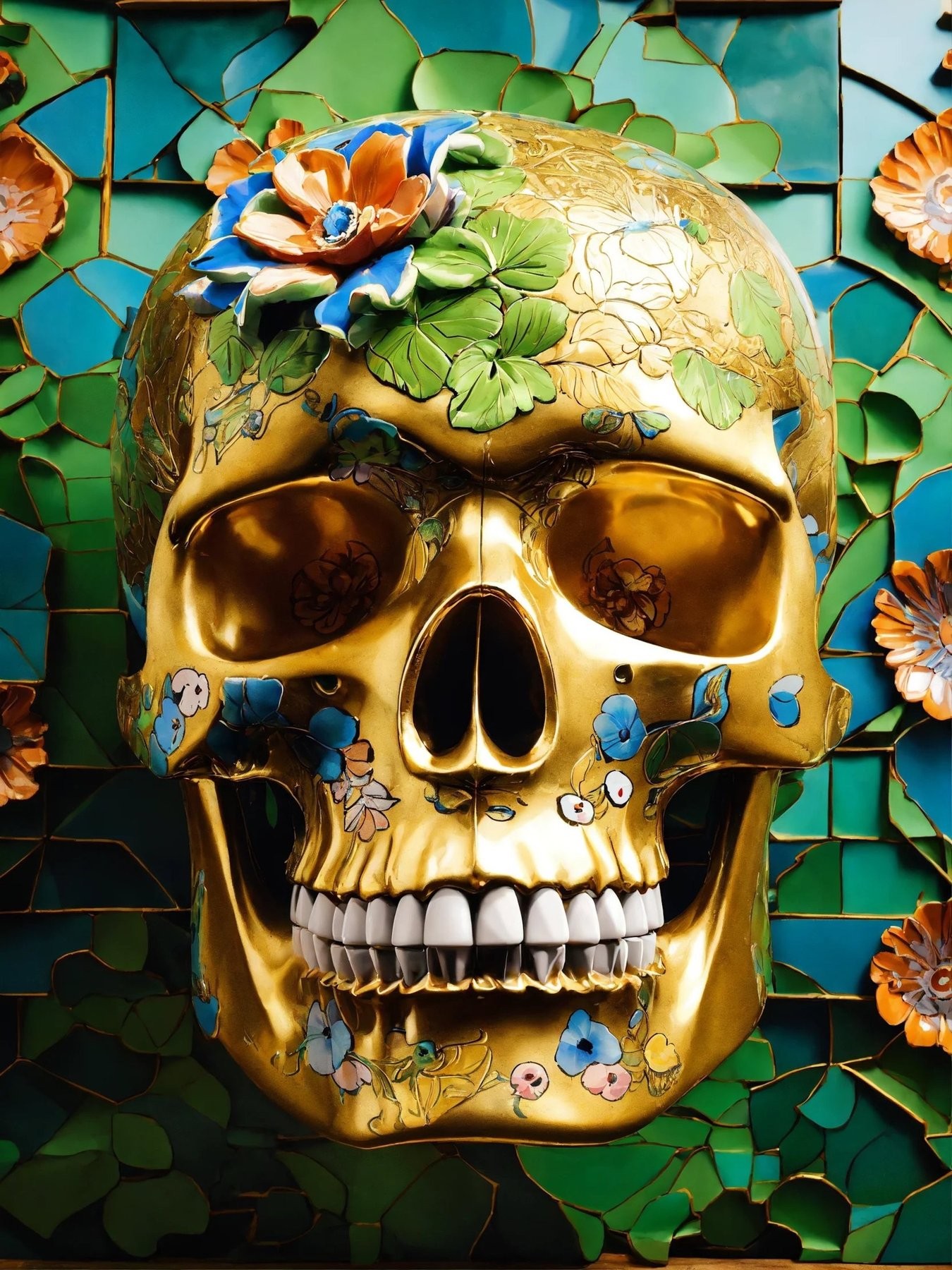 Dead Head, Green Gold Flower Skull Dead Head, Green Gold Flower Skull