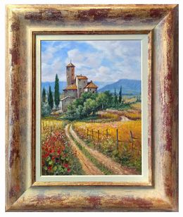 Pintura, Enchanted hamlet  - Tuscany painting landscape & frame, Domenico Ronca