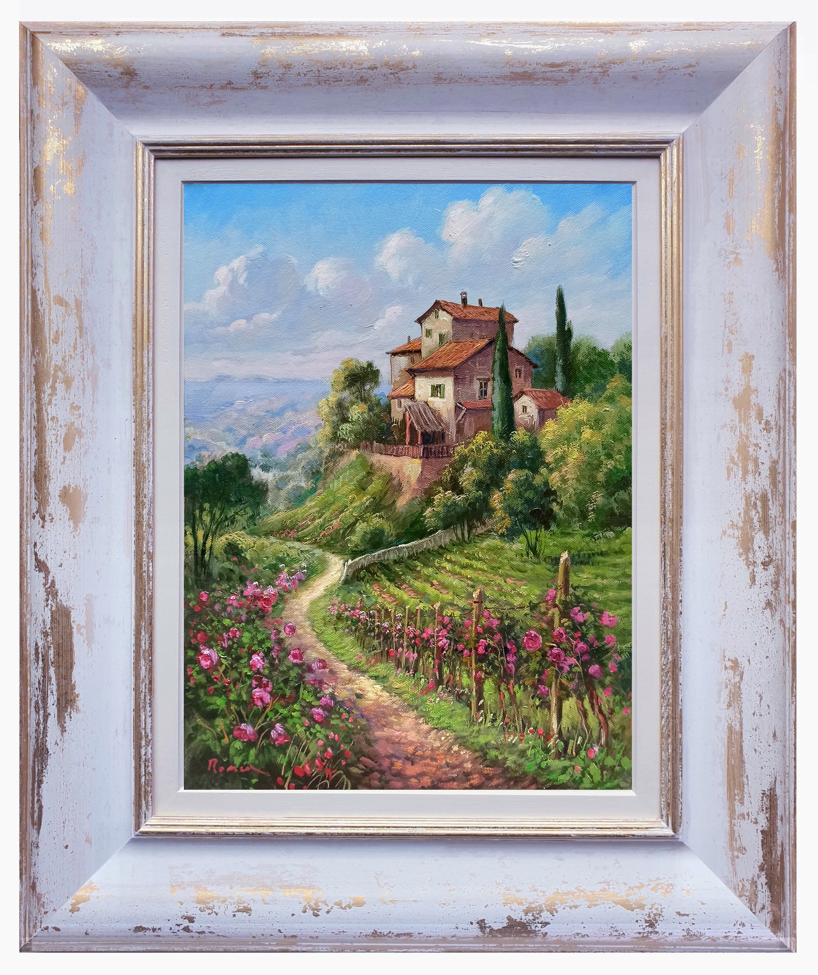 Domenico Ronca, Romantic path of flowers - Tuscany painting landscape & frame Domenico Ronca, Romantic path of flowers - Tuscany painting landscape & frame