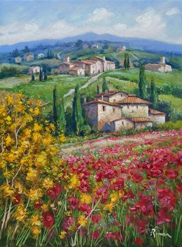 Peinture, Spring blossom  - Tuscany painting landscape & frame, Domenico Ronca