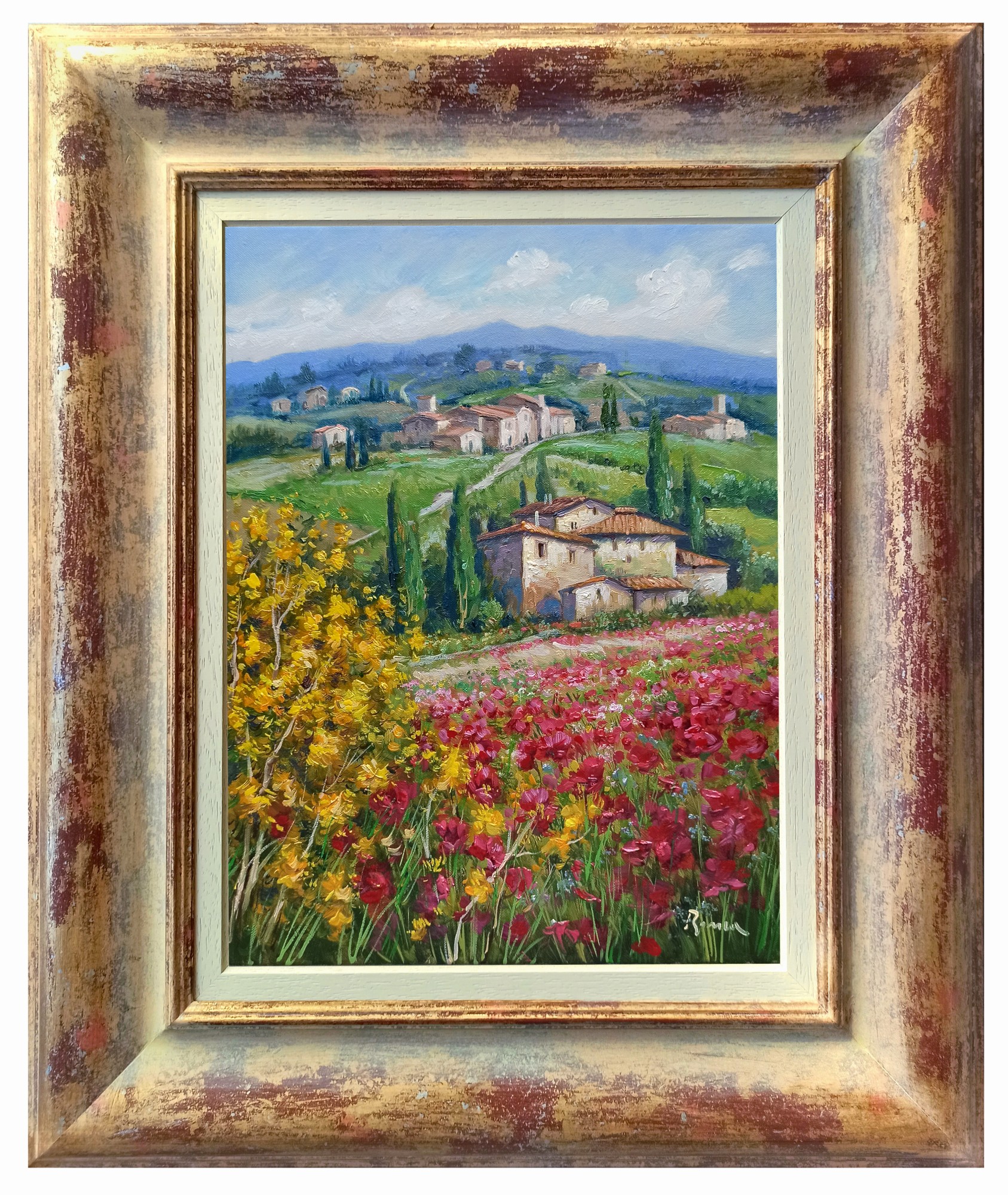 Domenico Ronca, Spring blossom - Tuscany painting landscape & frame Domenico Ronca, Spring blossom - Tuscany painting landscape & frame