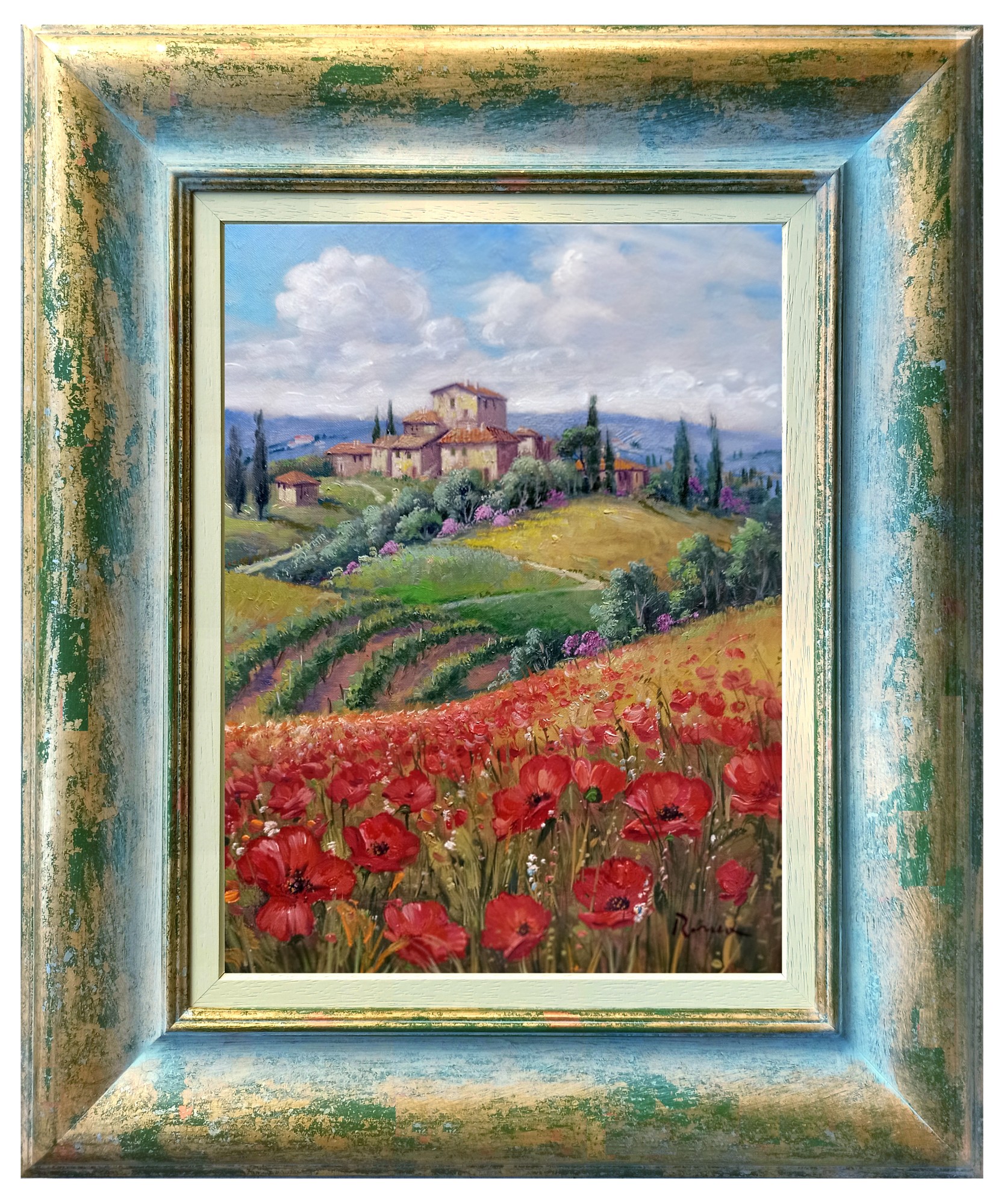 Domenico Ronca, The hill of poppies - Tuscany painting landscape & frame Domenico Ronca, The hill of poppies - Tuscany painting landscape & frame