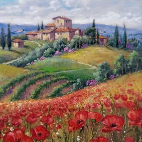 Painting, The hill of poppies - Tuscany painting landscape & frame, Domenico Ronca
