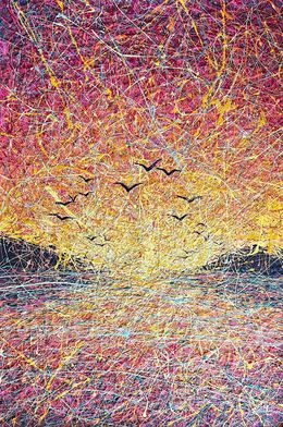 Pintura, Whispers at the Edge of Daybreak (Seaguls and red sunset), Nadine Antoniuk