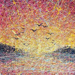 Peinture, Whispers at the Edge of Daybreak (Seaguls and red sunset), Nadine Antoniuk
