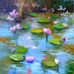 Gemälde, Pond with pink lilies. original oil painting, Elena Lukina