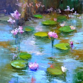 Peinture, Pond with pink lilies. original oil painting, Elena Lukina