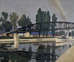 Gemälde, Bateaux à vapeur et Pont sur la Thièle, Yverdon, Gabriel Edouard Haberjahn