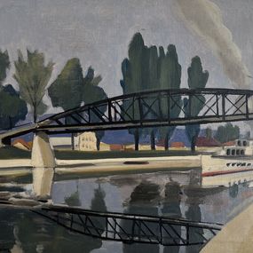 Peinture, Bateaux à vapeur et Pont sur la Thièle, Yverdon, Gabriel Edouard Haberjahn