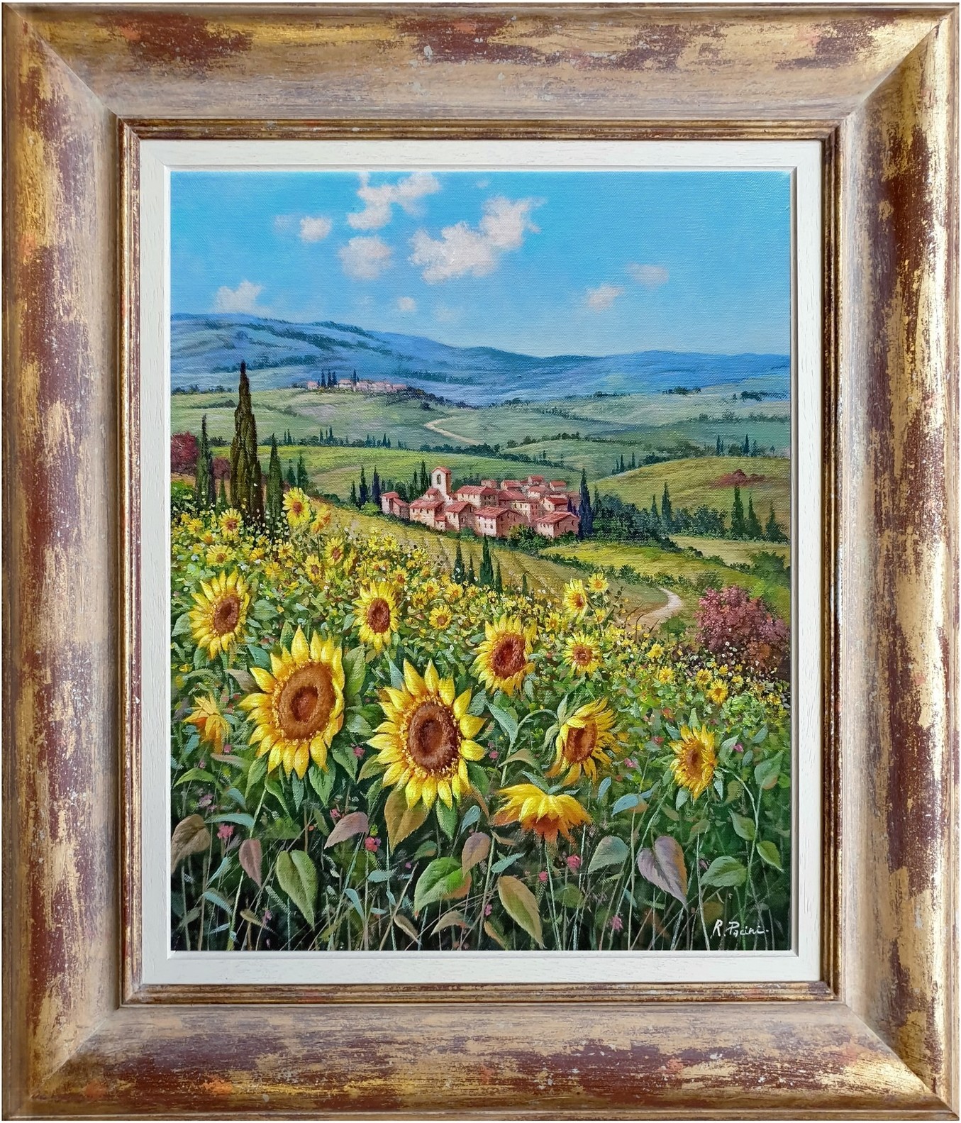 Raimondo Pacini, The sunflowers valley - Tuscany landscape painting & frame Raimondo Pacini, The sunflowers valley - Tuscany landscape painting & frame