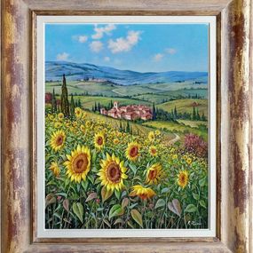 Peinture, The sunflowers valley - Tuscany landscape painting & frame, Raimondo Pacini