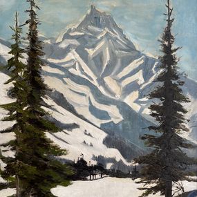 Gemälde, Montagne enneigée, et sapin, Joseph Gautschi