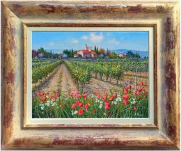 Peinture, Daisies & Poppies in the vineyard - Tuscany landscape painting & frame, Raimondo Pacini