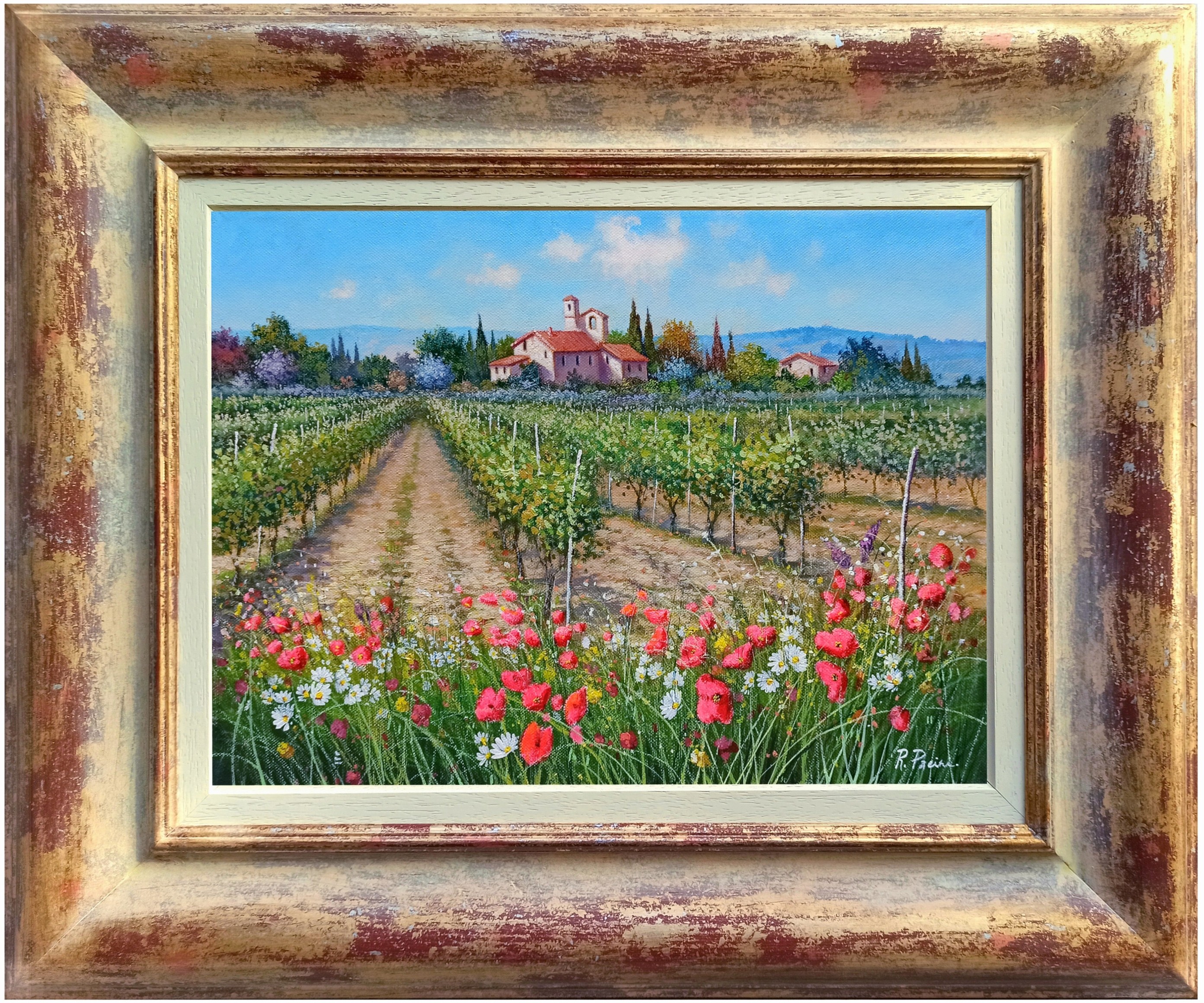 Raimondo Pacini, Daisies & Poppies in the vineyard - Tuscany landscape painting & frame Raimondo Pacini, Daisies & Poppies in the vineyard - Tuscany landscape painting & frame